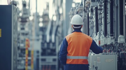 A high-voltage electrical substation with transformers and electrical engineers monitoring equipment, Electrical substation scene, High-tech and electrical style
