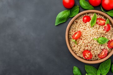 Healthy Quinoa Salad with Cherry Tomatoes and Fresh Basil on Dark Background