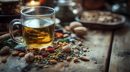 Fototapeta premium A rustic wooden table filled with an assortment of nuts, seeds, and dried fruits, with a cup of green tea in the background 
