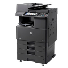 Large office multifunction printer, sleek black design, multiple paper trays, digital display panel