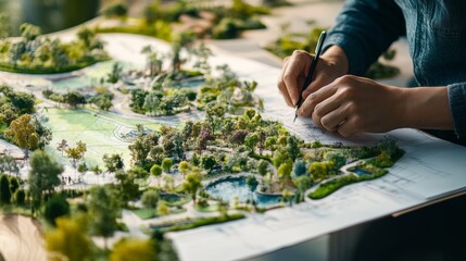 A landscape architect sketching a garden design plan with greenery and models around, Landscape design studio scene, Creative and environmental style