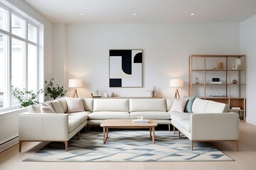Fototapeta premium Modern living room with L-shaped sofa, coffee table, rug, and shelving unit.