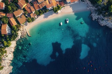 Fototapeta premium Aerial view of secluded beach with turquoise water, boats, and village.