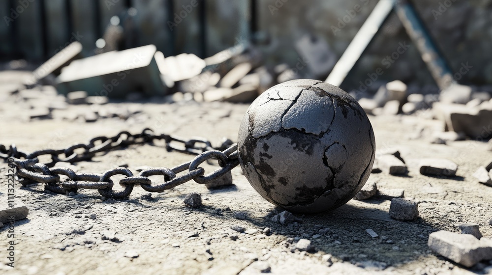 Poster a prisoner's ball and chain on the ground, with broken bars in the background, representing the chao
