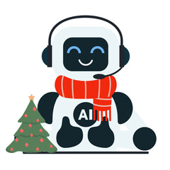 Cute chat bot robot in red scarf and with Christmas tree shows thumbs up for customer support. AI bot helper. Concept of virtual conversation assistant for getting help. New Year and Christmas concept