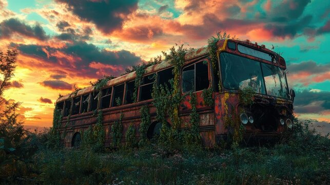 A rusted bus overrun with plants and vines, set against a vibrant sky, symbolizing the slow collapse of urban infrastructure in a dystopian society.