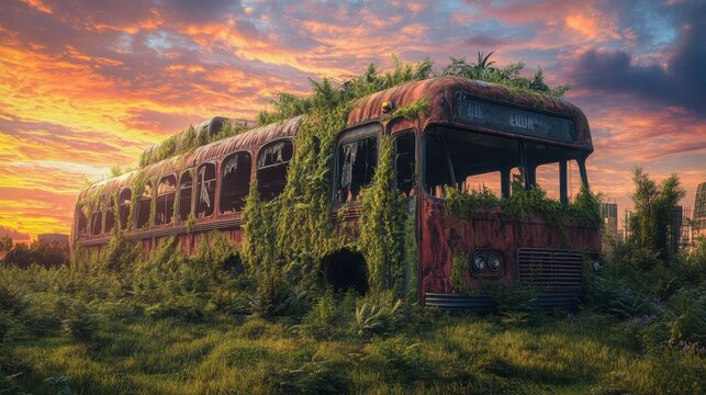 A rusted bus overrun with plants and vines, set against a vibrant sky, symbolizing the slow collapse of urban infrastructure in a dystopian society.