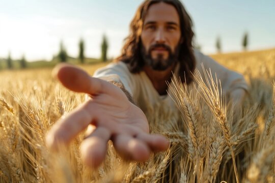 Sacred gesture: Jesus Christ extending helping hand, embodying compassion, mercy, representing act of guiding and uplifting others through his spiritual grace and boundless love.