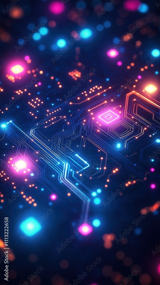 Poster abstract tech illustration circuit board with glowing lights. complex digital design. dynamic glowin