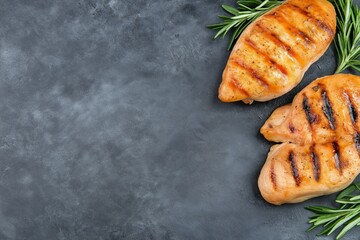 Grilled Chicken Breasts with Rosemary on Dark Slate Background - Culinary Presentation