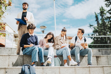 Fototapeta premium A group of high school students are seated outdoors, focused on their tasks, with a professor standing nearby providing assistance. The setting is bright and educational, fostering collaborative