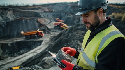A mining geologist in field gear and helmet, examining a rock sample with large mining trucks and an open-pit mine in the background, Mining exploration scene