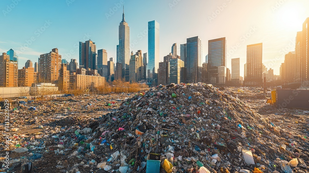 Poster A sprawling cityscape with a large pile of garbage in the foreground, towering buildings in the background, and a bright, clear sky, reflecting urban neglect in a dystopian world.