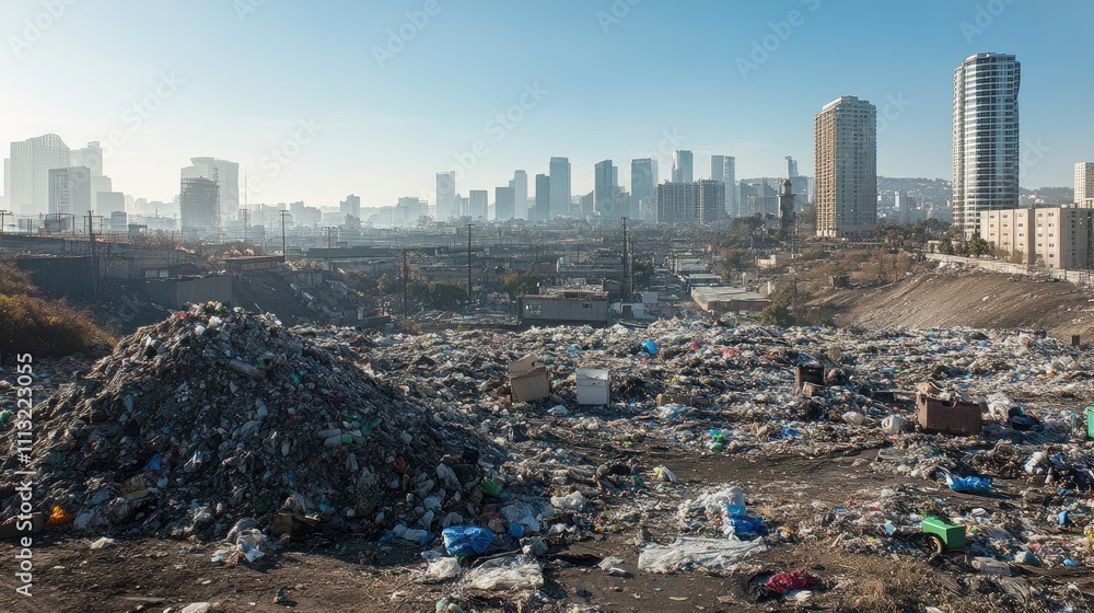 Poster a sprawling cityscape with a large pile of garbage in the foreground, towering buildings in the back