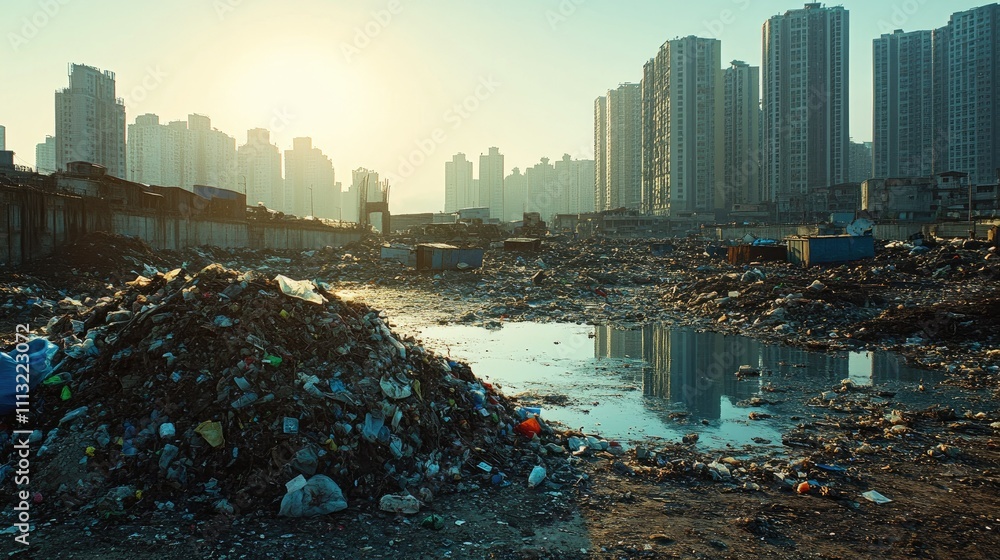 Aufkleber a sprawling cityscape with a large pile of garbage in the foreground, towering buildings in the back