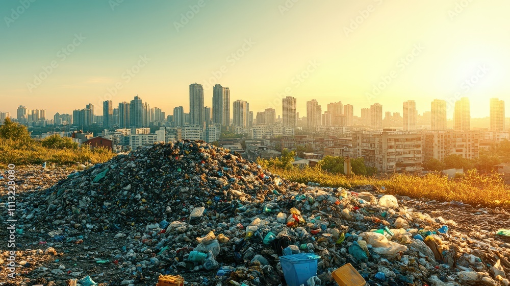 Poster a sprawling cityscape with a large pile of garbage in the foreground, towering buildings in the back