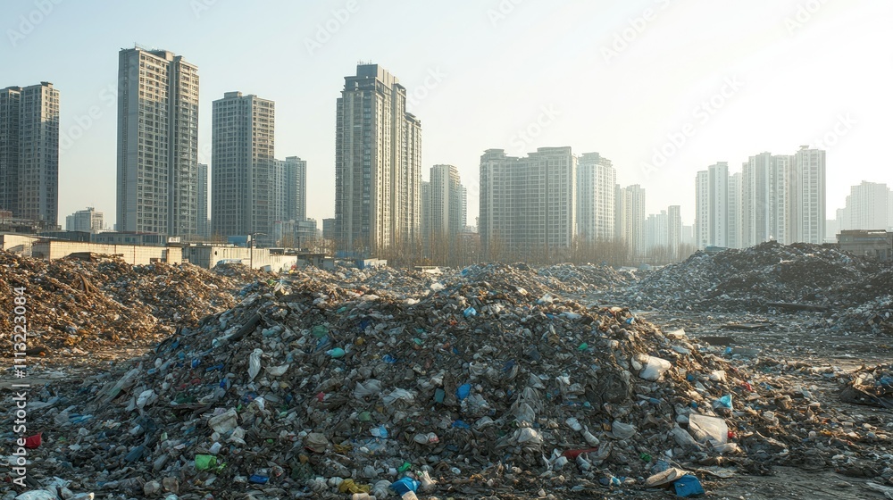 Aufkleber A stark contrast of a garbage heap in the foreground and towering modern buildings in the background, with a clear sky, depicting a dystopian future where waste has overtaken urban spaces.