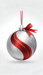 silver and red ribbon  with christmas ball isolated on white  background 