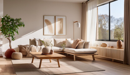Fototapeta premium Modern Minimalist Interior Design with Neutral Tones and Sleek Furniture
