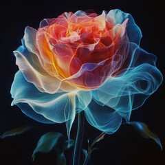 Obraz premium hyper realistic shot of blooming rose, showcasing vibrant colors and delicate petals, evokes sense of beauty and tranquility. intricate details and soft glow enhance its allure