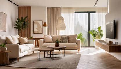 Fototapeta premium Minimalist Apartment Interior with Modern Furniture and Neutral Color Palette
