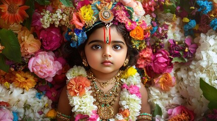 Fototapeta premium A young child dressed as Lord Krishna, adorned with vibrant flowers, jewelry, and a colorful headpiece, set against a beautiful floral backdrop