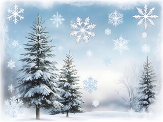 Snow Covered Trees Winter Wonderland Scene With Falling Snowflakes