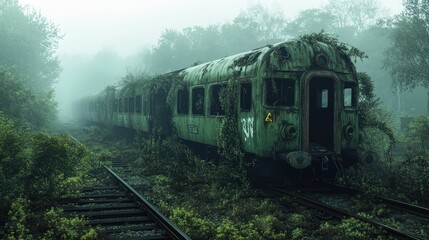 Fototapeta premium An abandoned, overgrown train on foggy tracks, evoking a sense of mystery, desolation, and the decay of a dystopian world.