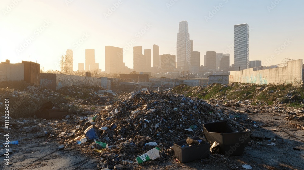 Aufkleber an urban landscape with a large garbage pile in the foreground, modern skyscrapers rising in the bac