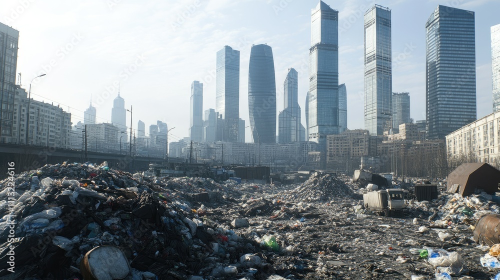 Poster an urban landscape with a large garbage pile in the foreground, modern skyscrapers rising in the bac