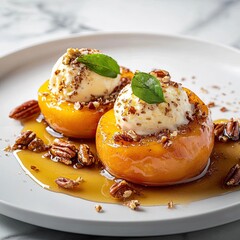 Classic baked peaches with maple syrup and ice cream on white plate, blurred background, close-up