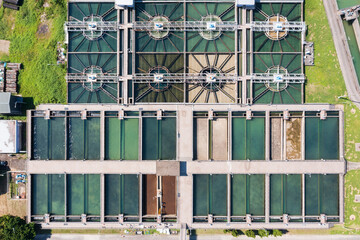 Aerial View of Water Treatment Facility with Sedimentation Tanks