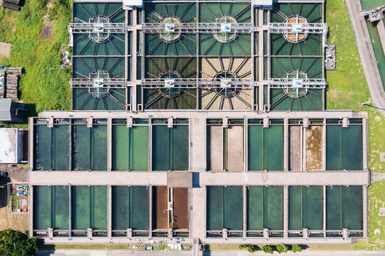 Aerial View of Water Treatment Facility with Sedimentation Tanks