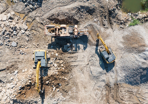 Aerial View of Construction Machinery at Gravel Site