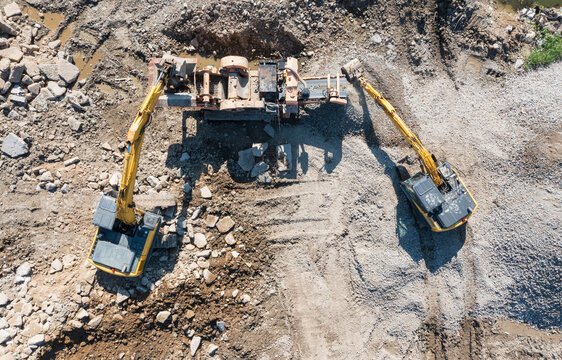 Aerial View of Construction Machinery at Gravel Site