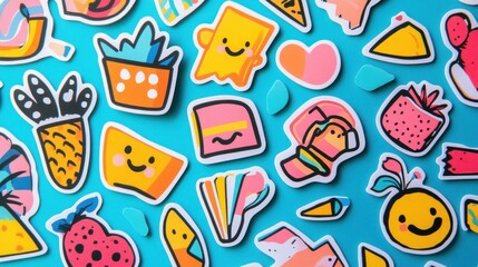 Fototapeta premium Colorful stickers on teal background.