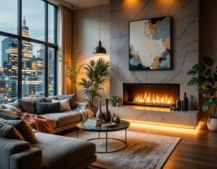 Fototapeta premium Modern Luxurious Living Room with Contemporary Fireplace, Cityscape View, Stylish Decor, Elegant Furniture, Cozy Ambiance, and Indoor Greenery Highlighting Sophisticated Urban Design 