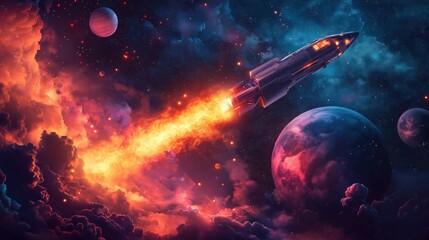 A space shot of a rocket flying through the sky with a planet in the background