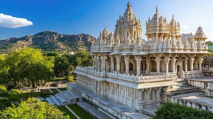 Naklejka premium The intricate architectural details of the Jain temple in Ranakpur, Rajasthan, showcasing its historical and spiritual significance with ornate sculptures.