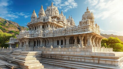Obraz premium The intricate architectural details of the Jain temple in Ranakpur, Rajasthan, showcasing its historical and spiritual significance with ornate sculptures.
