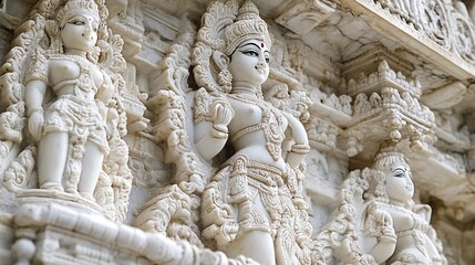 Obraz premium The stunning architectural details of the Jain temple in Ranakpur, with its ornate sculptures and historical significance, beautifully captured in a wide shot.