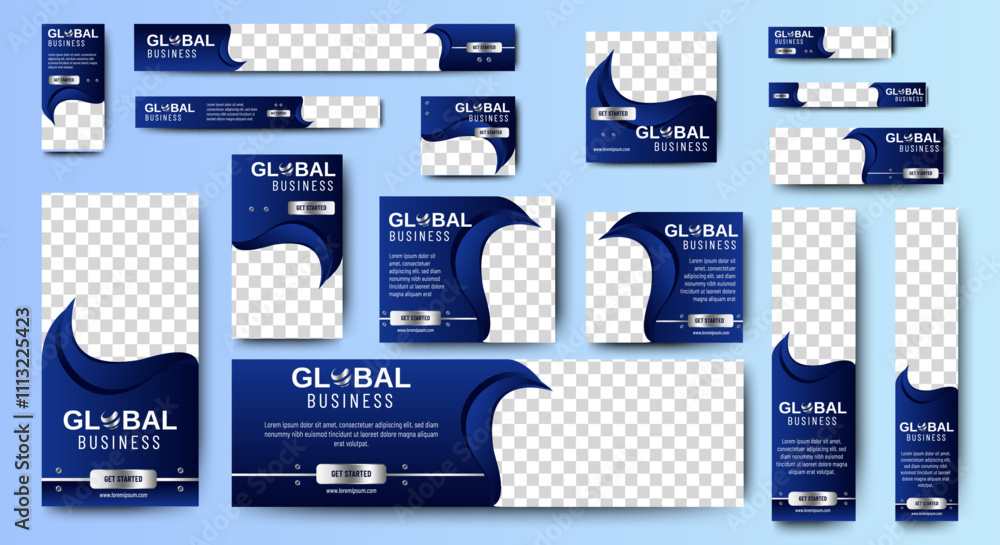 Poster global business services web ad banner template vector design. ads banner set bundle with space for 