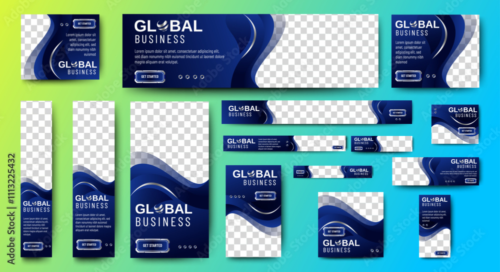 Poster global business services web ad banner template vector design. ads banner set bundle with space for 