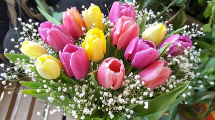 tulips with delicate baby breath flowers