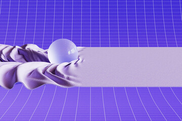 3D render of a glass sphere on distorted cloth with grid backgro