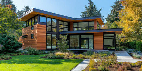 Fototapeta premium Modern architectural design wooden house with glass facade in lush green garden landscape