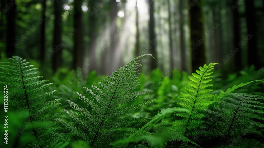 Poster a tranquil forest scene featuring lush green ferns illuminated by soft sunlight filtering through th