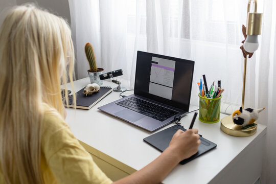 Girl doing geometry homework on computer