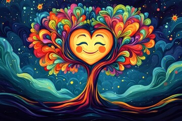 Fototapeta premium Colorful heart shape smiley face abstract art symbolizing mental freedom. psychological art.