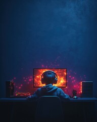 A boy is sitting in front of a computer monitor with headphones on